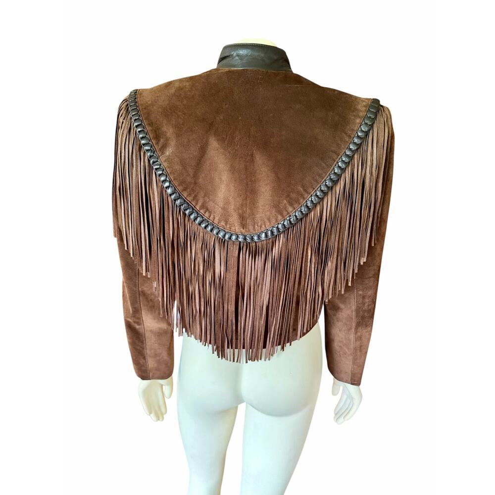 Cache Brown Suede Leather Fringe Western Crop Jacket Concho Buttons Vintage - Picture 11 of 13